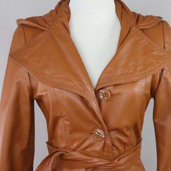 Vintage Boho 70's Leather Trench Coat with Hood Size S - Picture 3 of 14